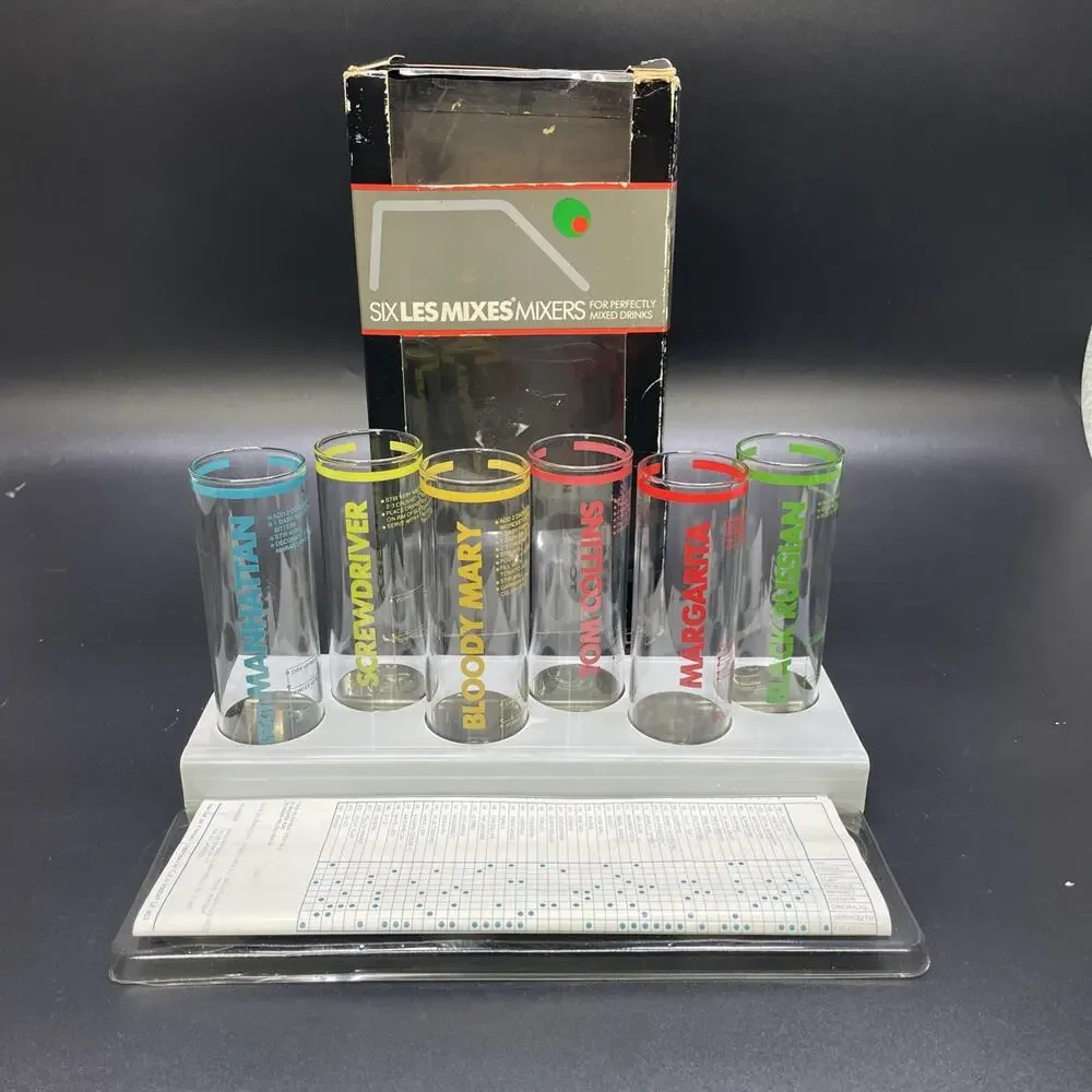 1970s Le Mixes Test Tube Shooter Station 6 Mixers w/Metal Base Holder Barware FR